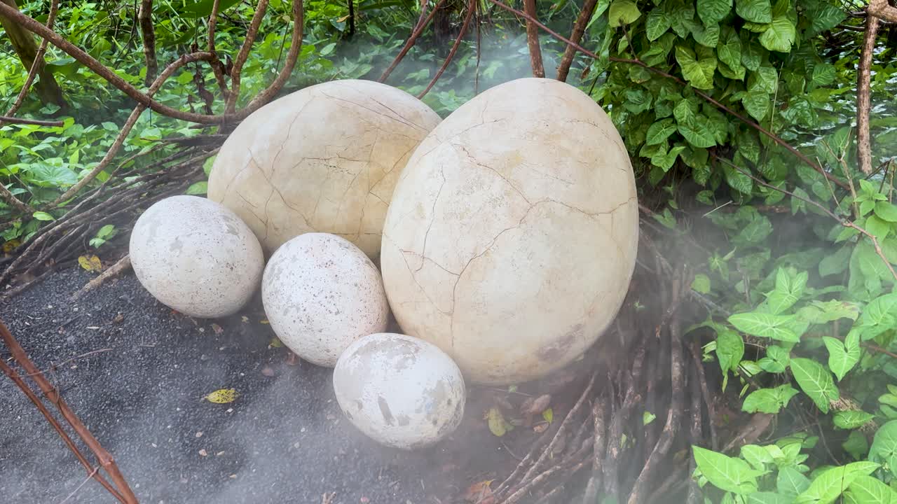 Large dinosaur eggs rest on forest floor, surrounded by mist and lush green foliage