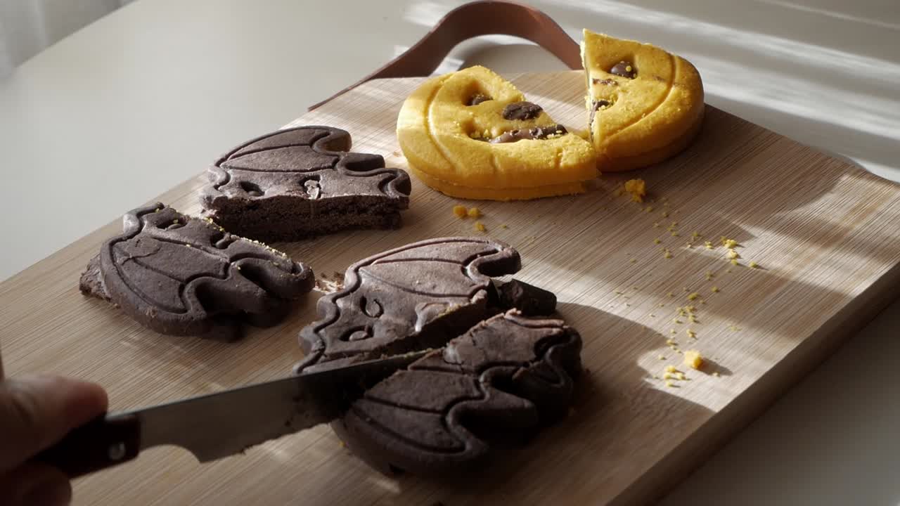 Side view of knife slicing chocolate bat cookies on wooden board with pumpkin-shaped cookie in background under daylight