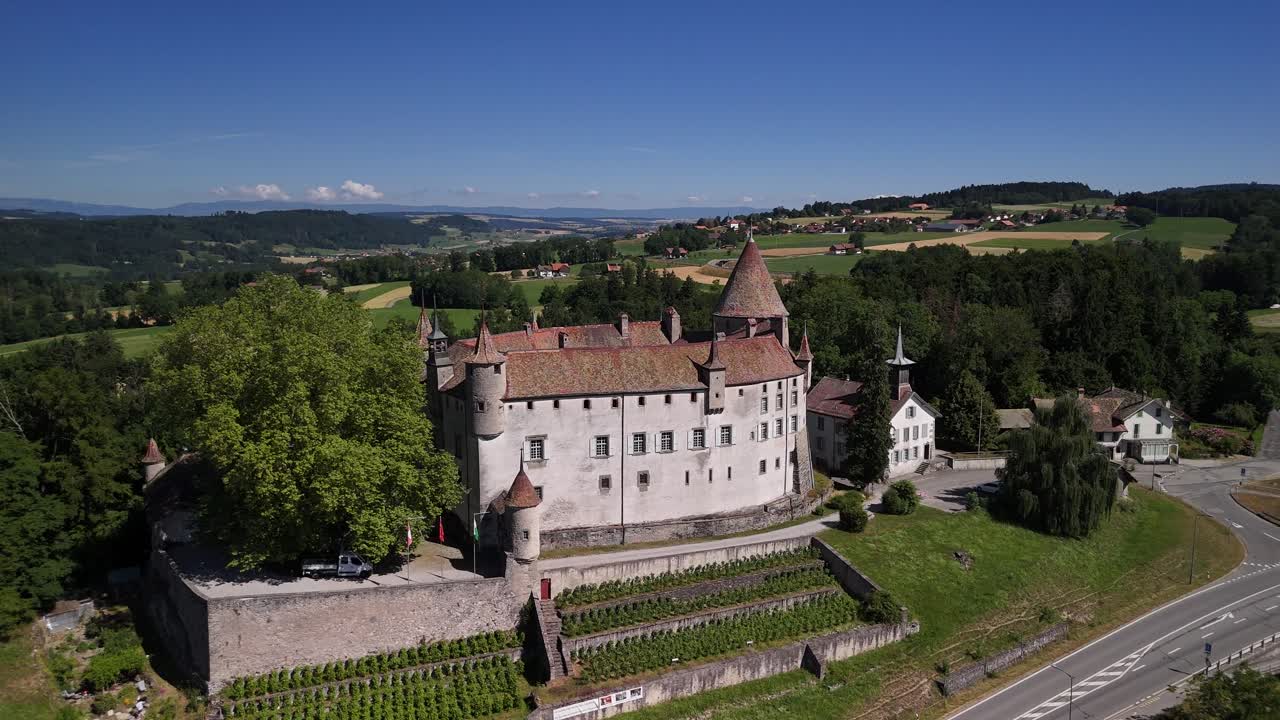 Castle Oron Vaud, Switzerland Château d'Oron aerial drone landscape historical landmark