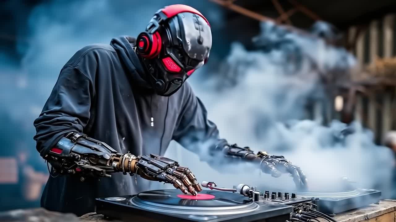 A man in a black hoodie and red headphones playing a dj set