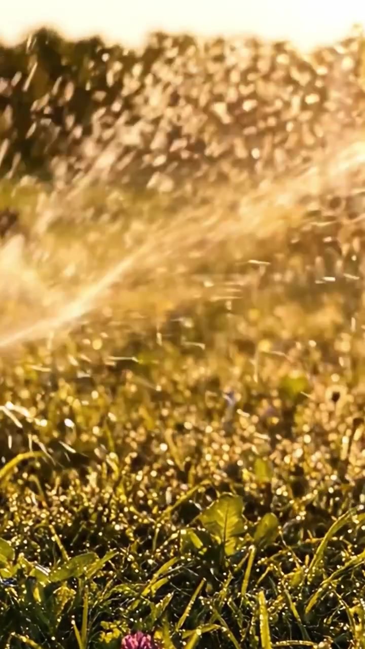 Una bellissima scena al tramonto di un prato verde lussureggiante annaffiato da un irrigatore, con gocce d'acqua scintillanti che creano un'atmosfera magica