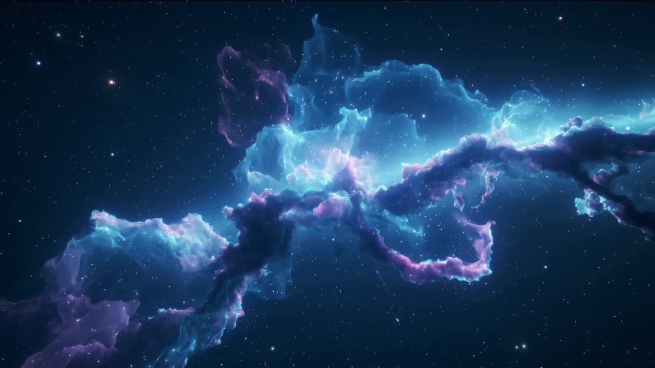 Nebulosa turchese pulsante, che si muove e si arriccia nello spazio profondo con un filamento viola.