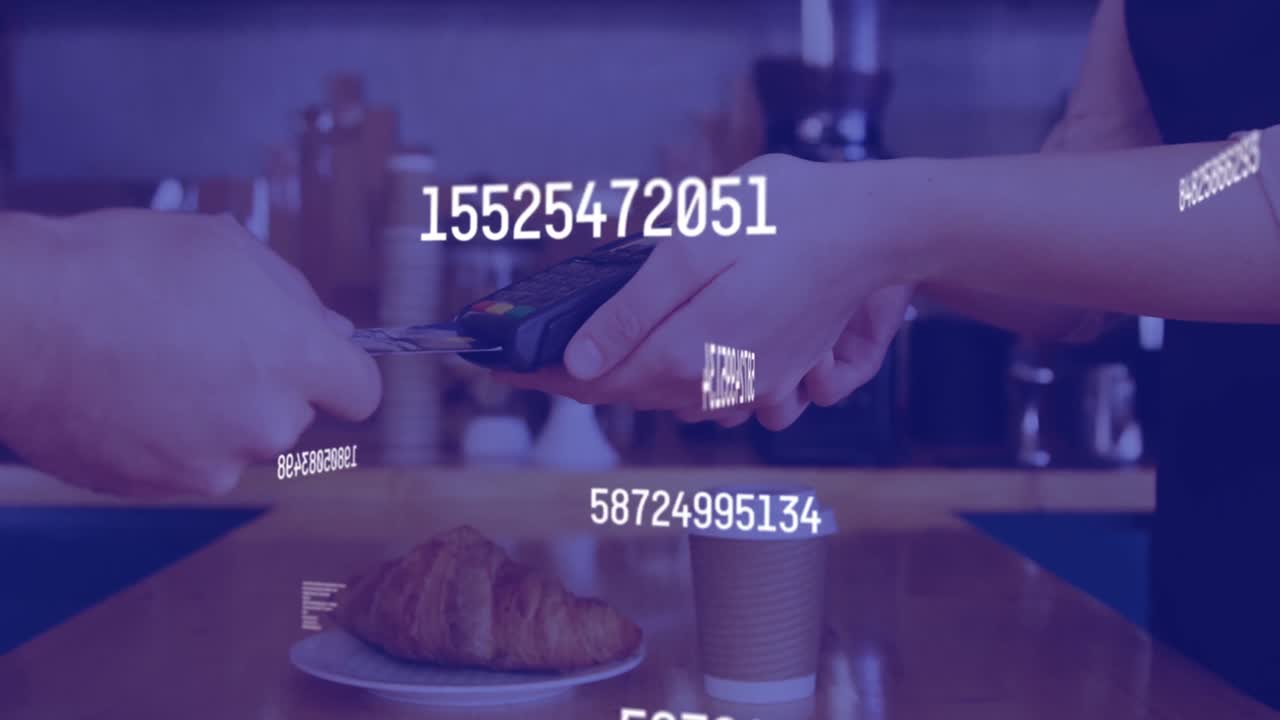 Animation of data processing over diverse people paying with credit card