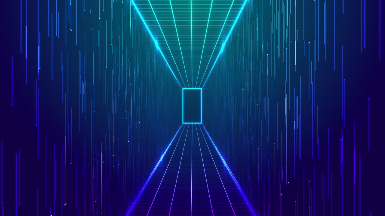 Futuristic neon light glowing grid tunnel radiant light flares vibrant glowing lines perspective