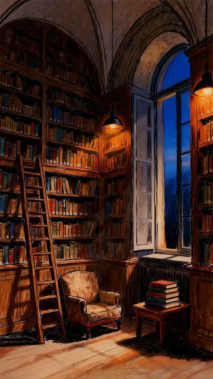 Silence in a library lit by dim light