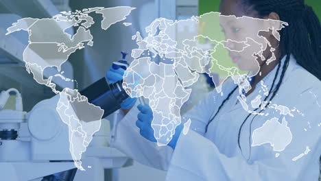 in lab, scientist working with equipment and animation of global research map