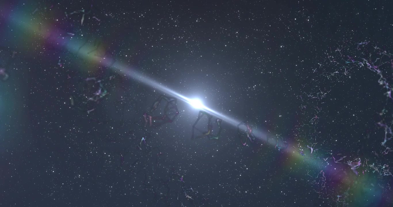 Point stretching into streak, core brightening and rainbow flare expanding creating vivid effect