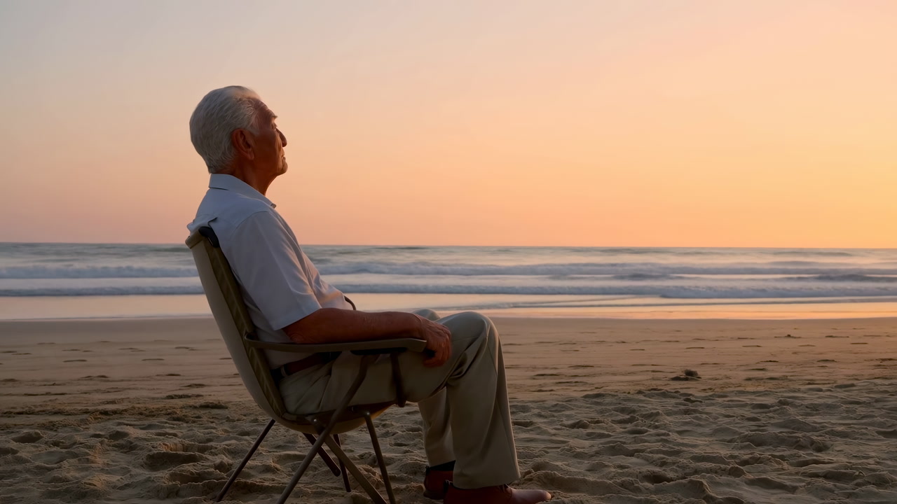 Elderly White Man Sitting Beach Chair Watching Golden Sunset Over Calm Ocean, Barefoot In Folding Chair,
