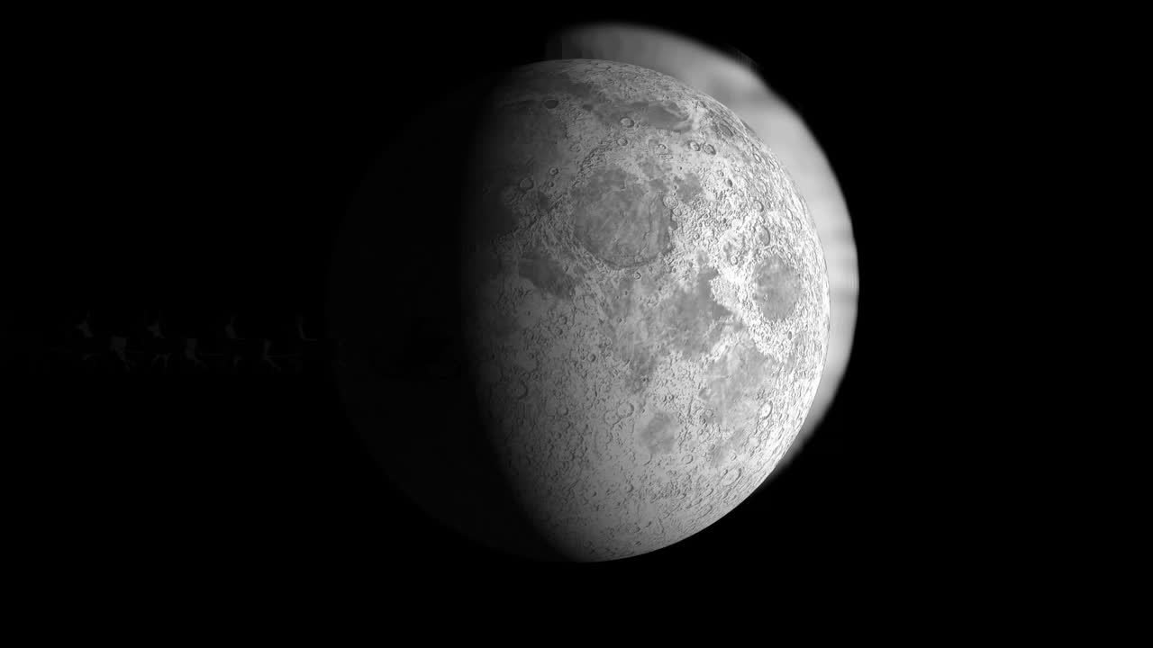 Animação do Papai Noel em trenó com renas passando sobre lua e estrelas
