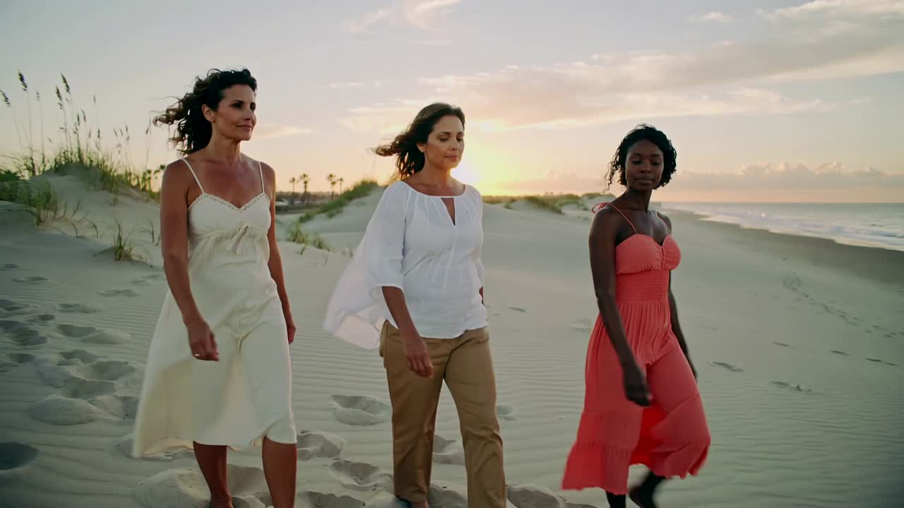 Três mulheres de vestidos de verão caminhando, entrando pela esquerda, fazendo uma caminhada ao pôr do sol na praia, deixando pegadas.