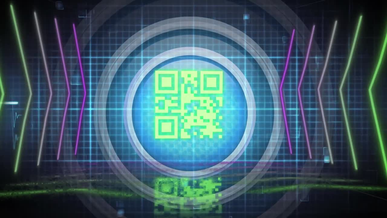 Animation of neon lines, heart rate and qr code on black and blue background