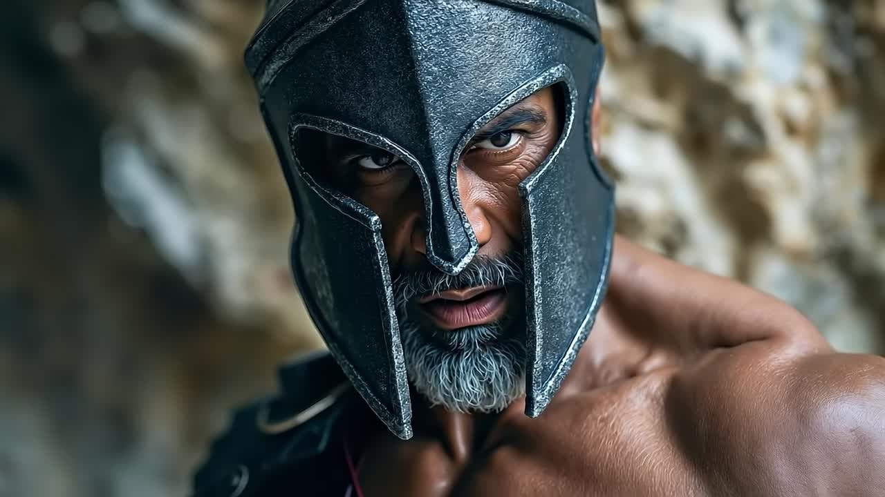 Ein Mann mit Bart, der einen Helm und einen Bart trägt
