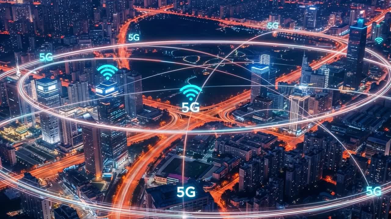 Aerial View of a Modern City Highlighting 5G Connectivity and Technology Interactions with Digital Networks Illuminating Urban Infrastructure