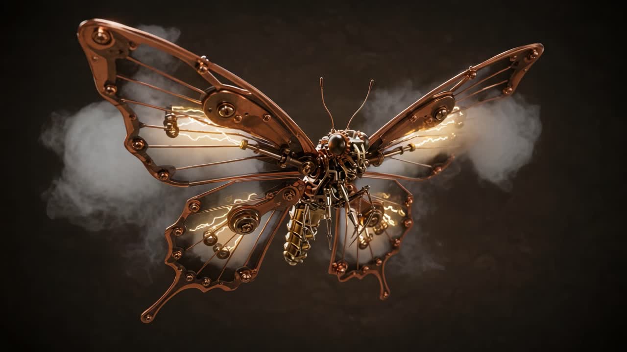 A Stunning Steampunk Butterfly with Intricate Gears and Copper Wings, Emitting Sparks and Surrounded by Soft Whispers of Smoke, Capturing the Essence of Mechanical Artistry