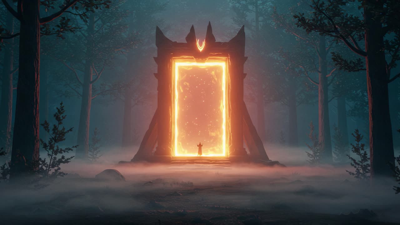 A Mysterious Portal Illuminates a Foggy Forest, Casting an Enigmatic Glow That Invites Exploration Beyond the Known Realms into the Unexplored Abyss of Imagination