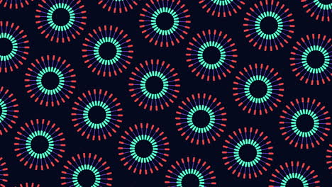 digital and futuristic neon circles pattern in rows from dots and lines on black gradient