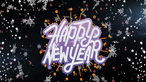 animación de texto de feliz año nuevo en blanco y púrpura sobre copos de nieve y fuegos artificiales en negro