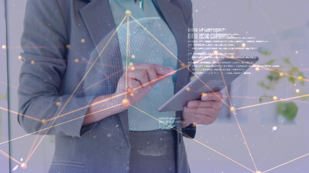Businesswoman tapping tablet, connecting network nodes and materializing globe visualizing data