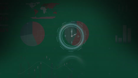 Animation-Der-Uhr-über-Dem-Digitalen-Bildschirm-Mit-Daten-Auf-Grünem-Hintergrund