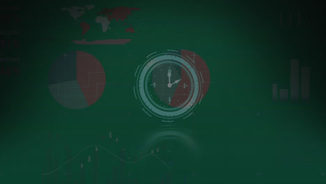 animation of clock over digital screen with data on green background