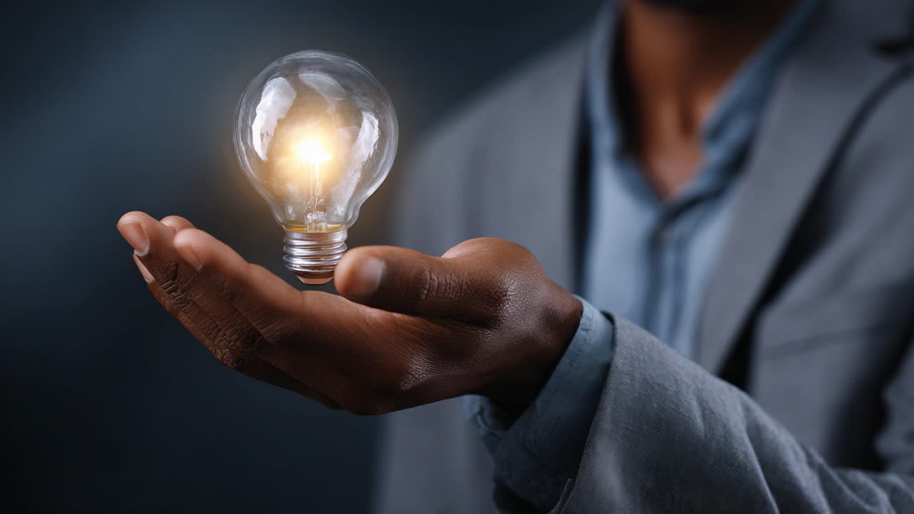 Innovative Lighting: A Person Holding a Glowing Bulb Symbolizing Ideas and Inspiration in a Professional Setting with Dark Background