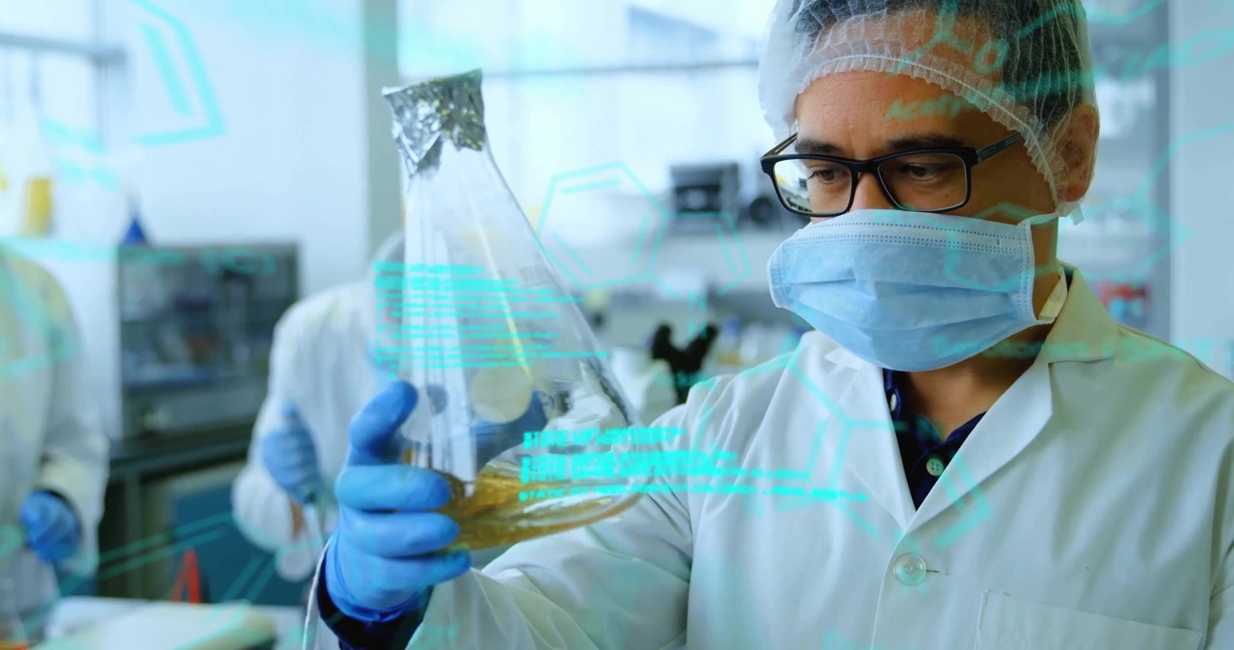 Lab scientist picking flask activating cyan overlay switching flasks comparing amber fluid clarity