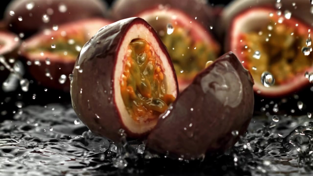 Frisk passionsfrugt falder og sprækker i et slowmotion vandsprøjt
