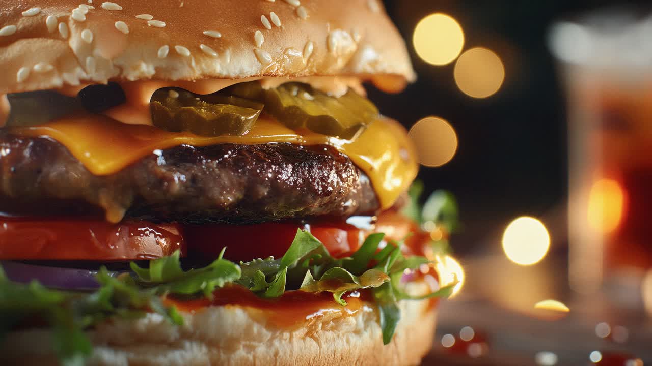 Close up of a mouthwatering burger with a toasted sesame seed bun, juicy beef patty, melted cheese, fresh vegetables, and a blurred beer glass in the background