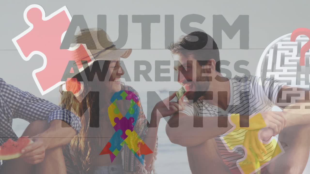 animación de coloridas piezas de rompecabezas y texto de autismo sobre amigos felices en una fiesta de playa de verano