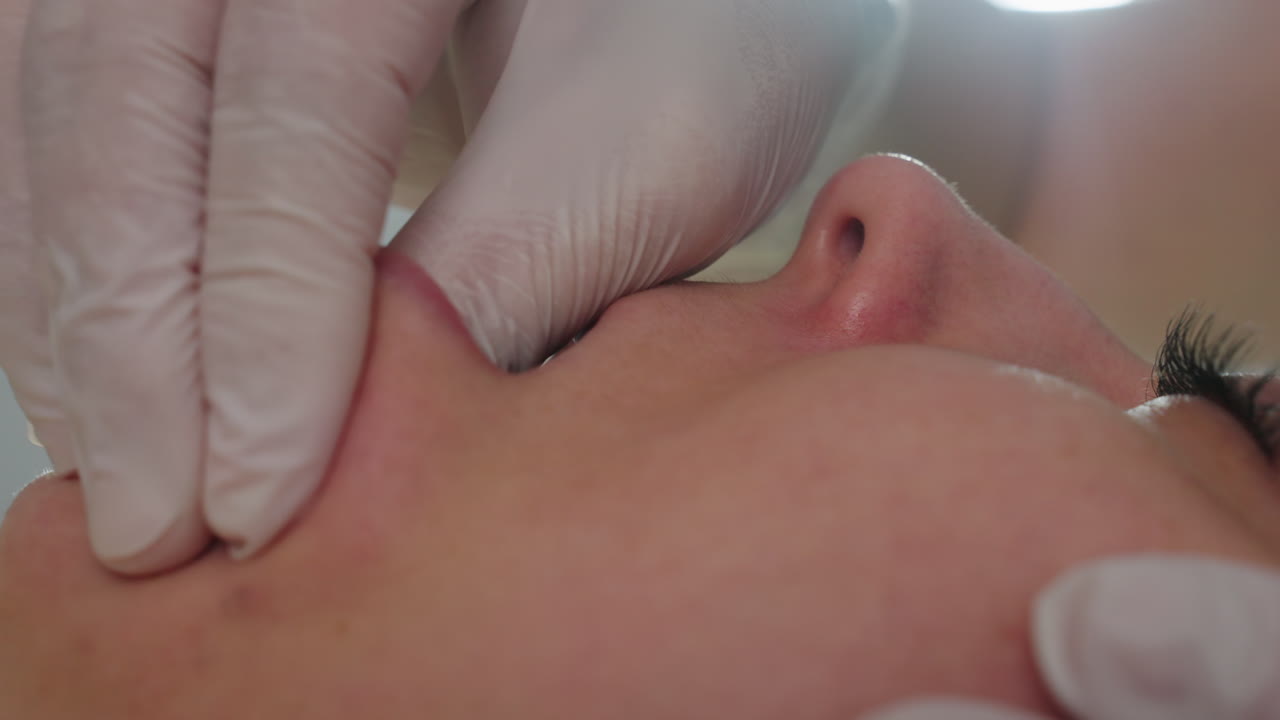 Close up of visitor lying face up on massage chair with eyes closed and mouth open gently while wellness technician wearing gloves dips fingertip inside mouth and massages cheek under clinical light