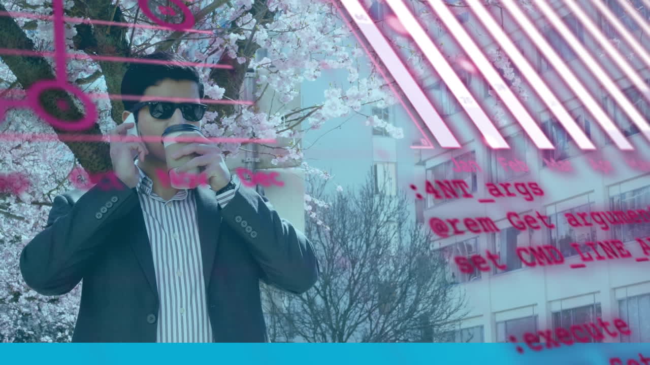 길거리에서 스마트폰으로 대화하는 아시아 사업가에 대한 통계 데이터 처리의 애니메이션