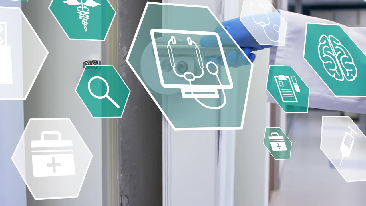 Animazione di icone mediche con elaborazione dati su un laboratorio.