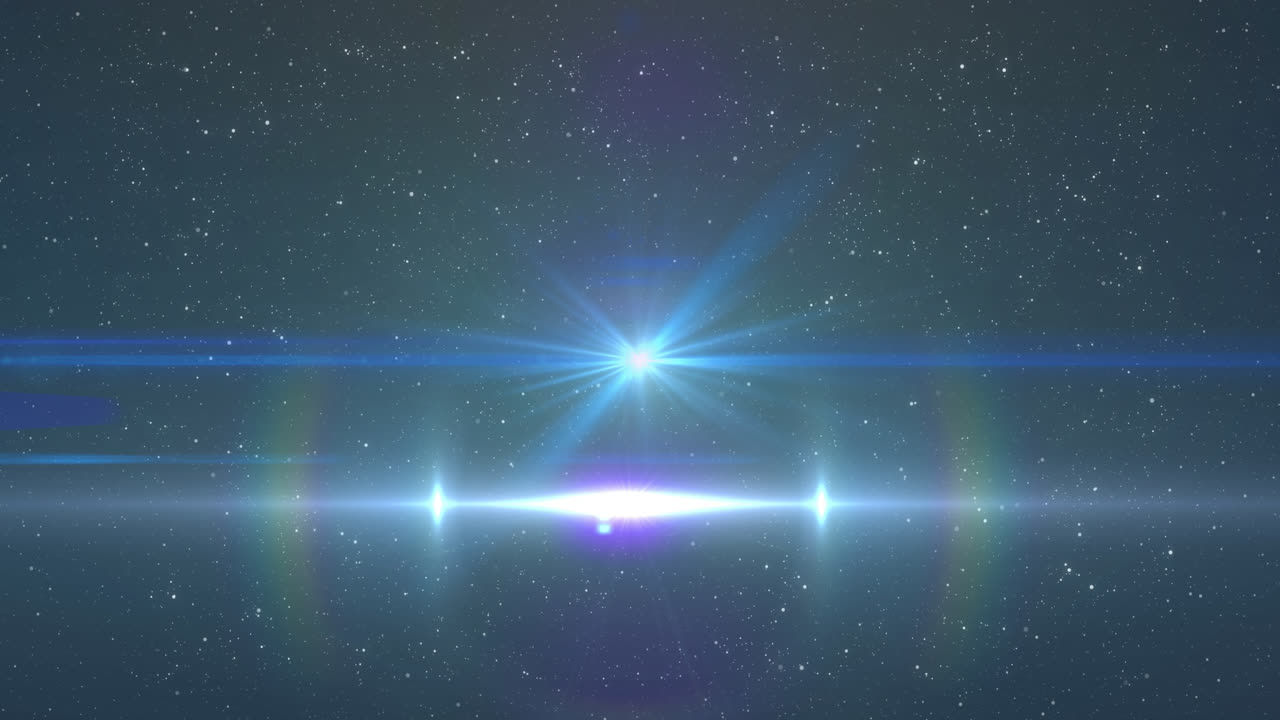 빛나는 파란색 빛이 빛의 반점과 배경의 별 위에 움직이는 애니메이션