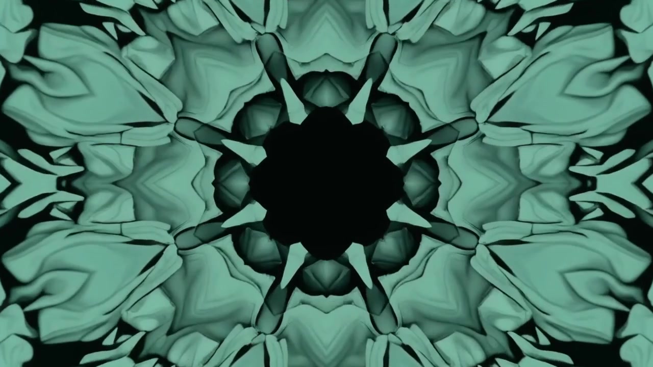 Motivo caleidoscopico verde astratto che si espande e ruota