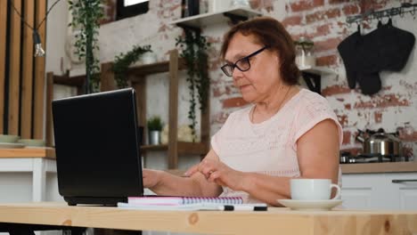mujer madura comunicándose en línea usando una computadora portátil