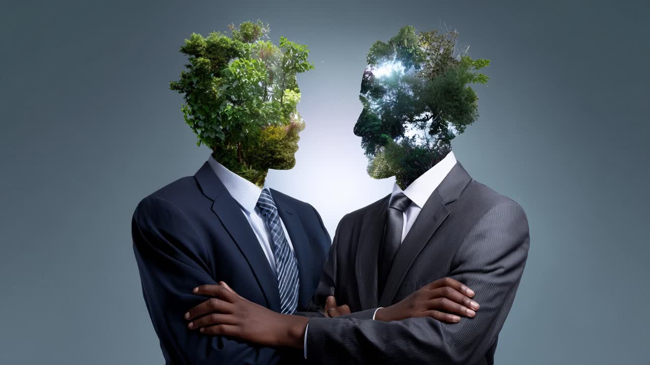 The Concept of Human Connection and Nature Intertwined: Two Figures with Tree-Infused Faces Representing Growth, Sustainability, and Environmental Harmony in a Distant Stance