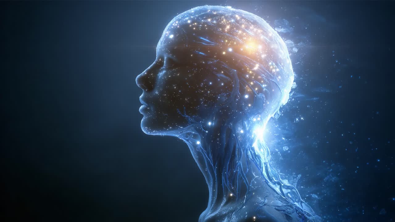 Una Representación Surrealista de una Silueta Humana Iluminada por Elementos Cósmicos y una Energía Fluyente, Describiendo la Fusión de la Humanidad y el Universo