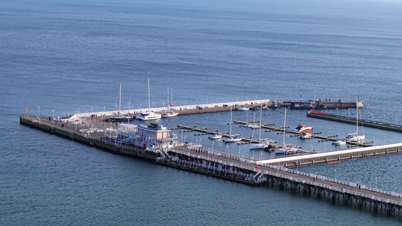 Sopot Marina from above, Baltic Sea, with boats, pier, and people walking along it
