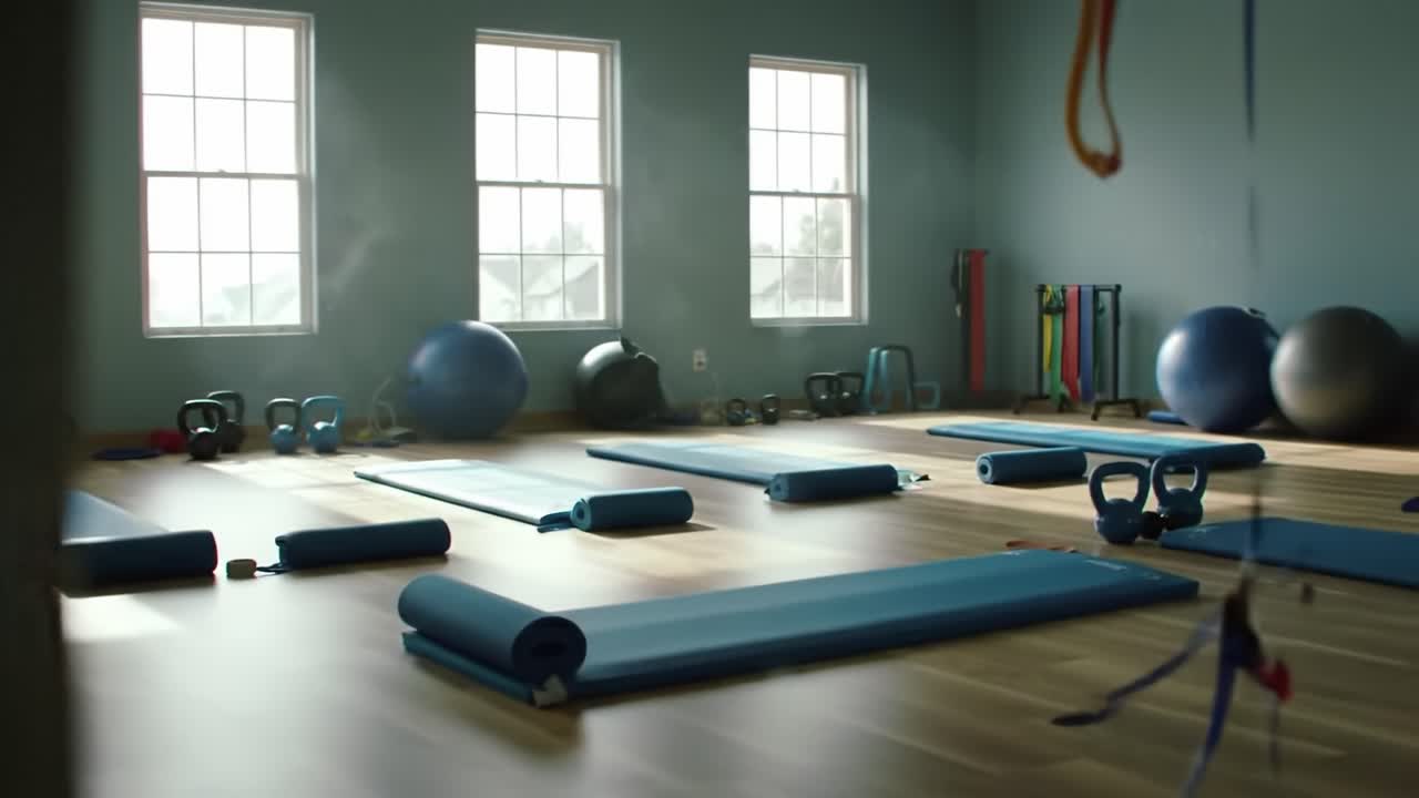 A Well-Equipped Home Gym Space Featuring Exercise Mats, Weights, and Fitness Equipment for an Invigorating Workout Environment