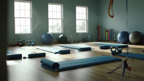 a well-equipped home gym space featuring exercise mats, weights, and fitness equipment for an invigorating workout environment