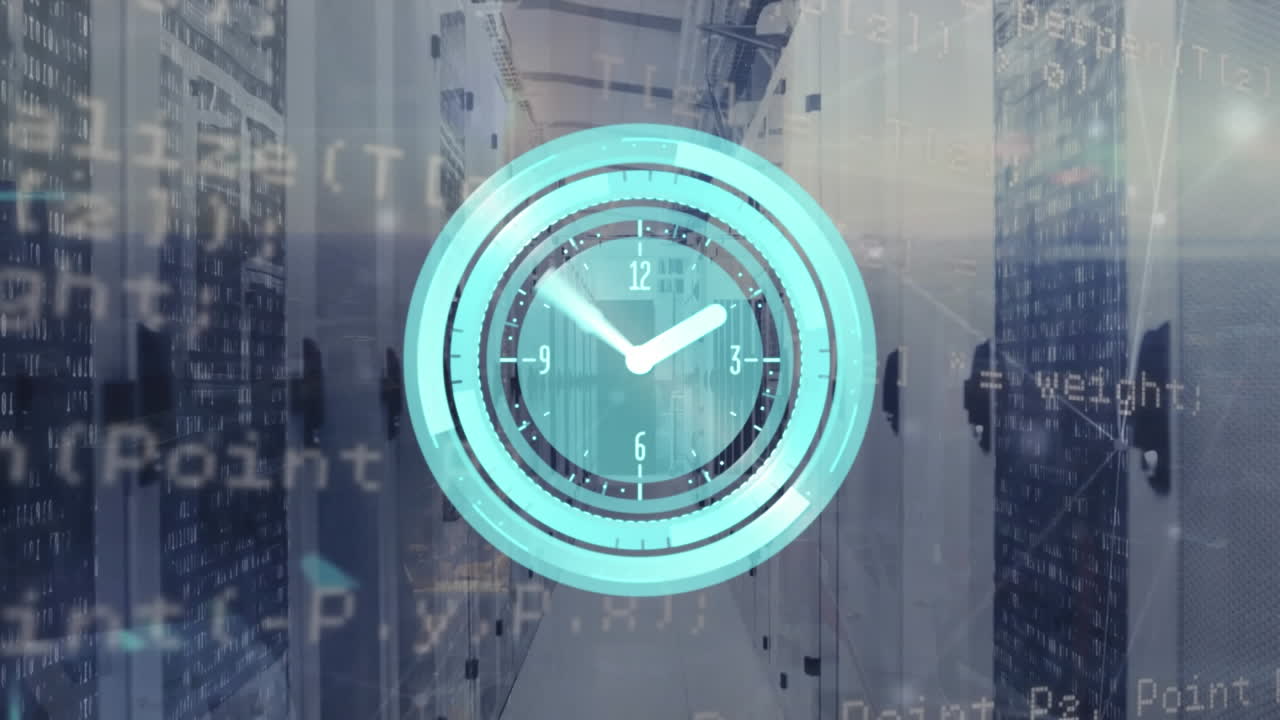 анимация неоновых часов и обработка данных в серверной комнате компьютера