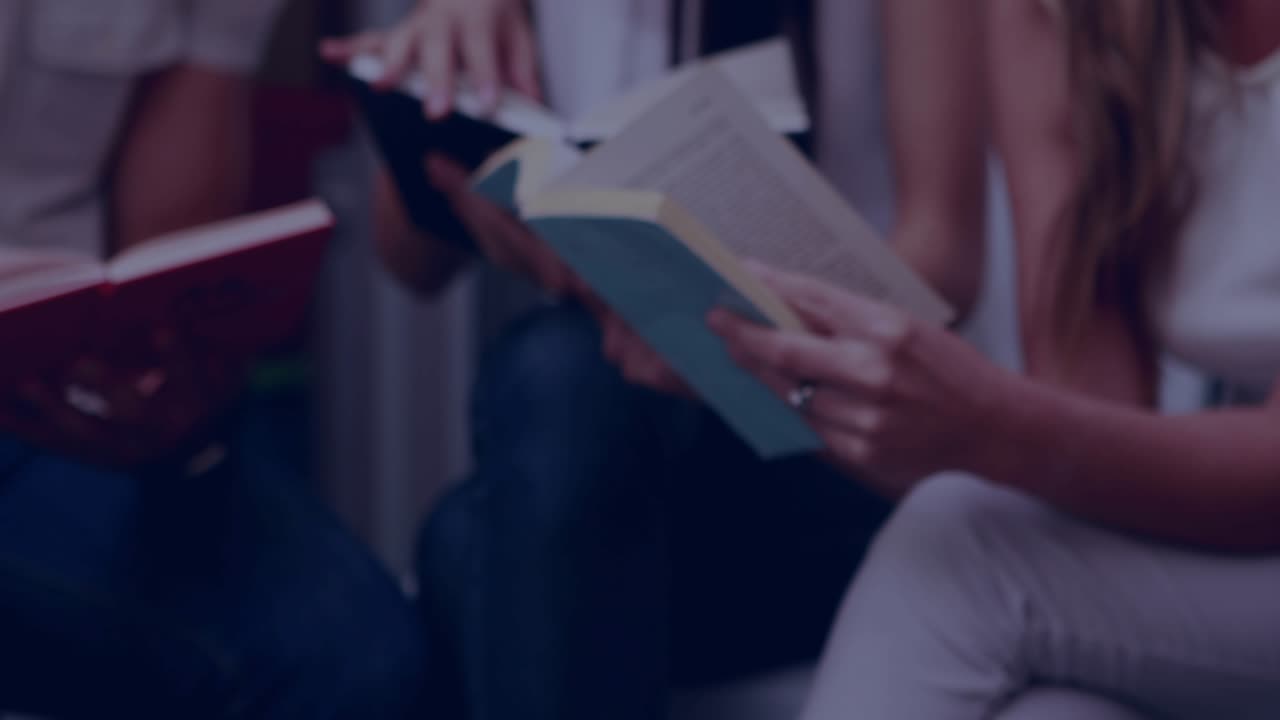 Faint digital overlay appearing, front hands turning pages, camera closing, showing shared data