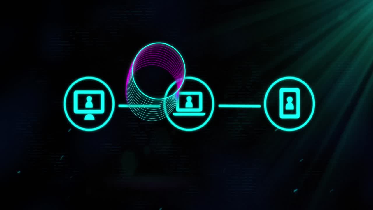 animación de íconos y círculos sobre senderos de luz