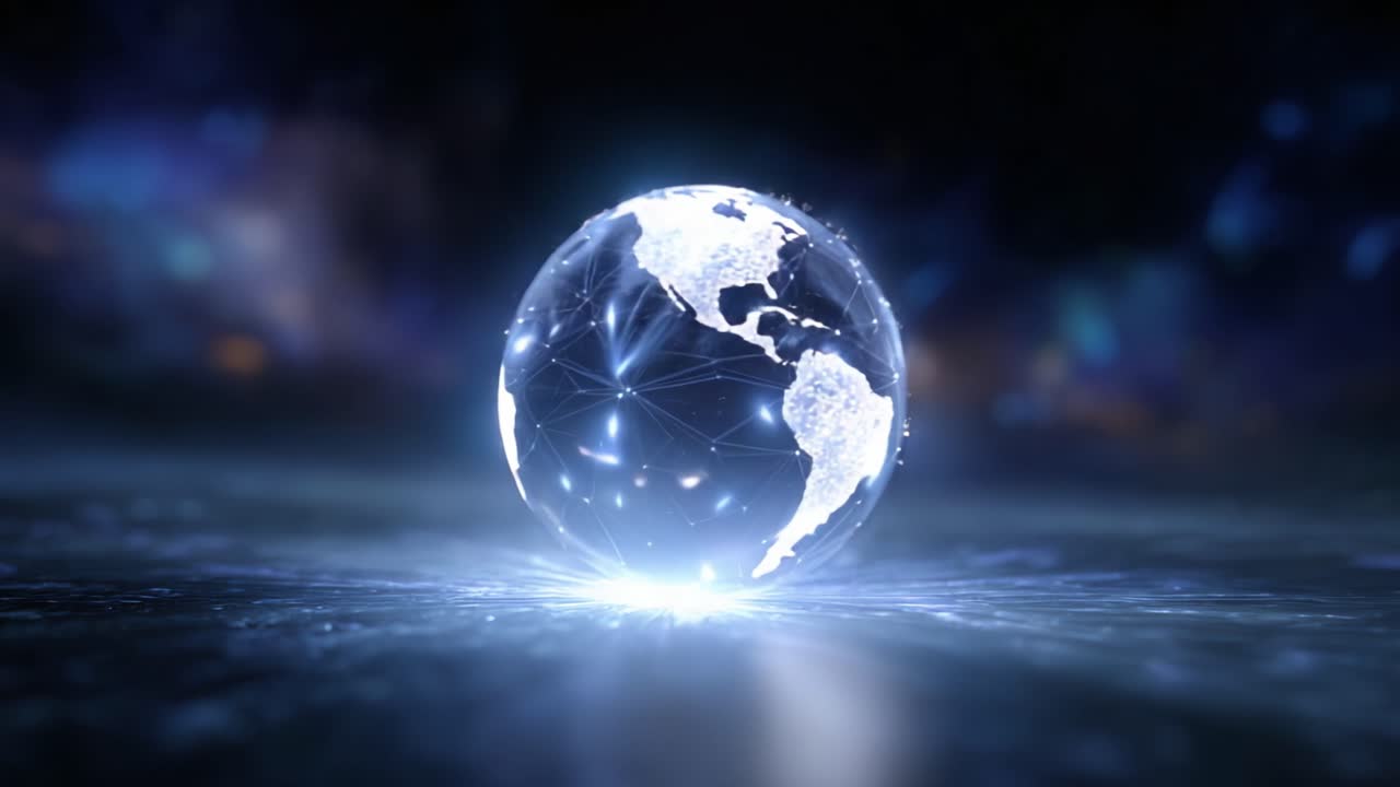 Gennemsigtig jordklode, der udstråler lys i et digitalt univers og viser indviklede netværk og forbindelser, der symboliserer globalt sammenhold og teknologiske fremskridt