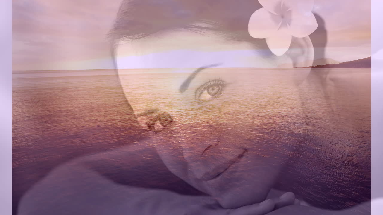 발렌타인 데이 4k에 꽃과 바다 풍경을 가진 편안한 미소 짓는 여성