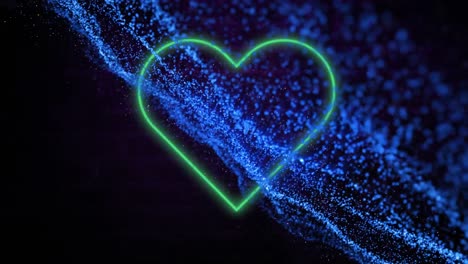 Animation-of-neon-green-heart-icon-and-glowing-blue-digital-wave-against-brick-wall-background