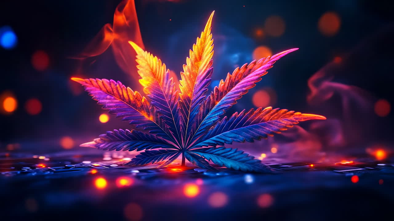 Vibrant weed leaf with lights. A vibrant cannabis leaf rests on a dark surface illuminated by colorful lights at night