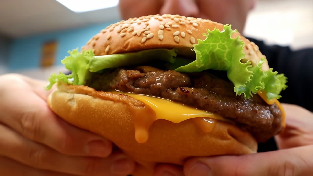 Close-up of a person holding a large burger with melted cheese