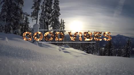 animación de las palabras buenas vibraciones escritas en letras doradas sobre un bosque cubierto de nieve iluminado por el sol