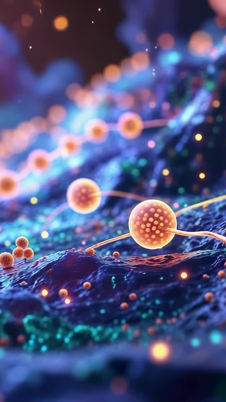 Vertical video: Looping glowing orange spheres drifting on blue membrane showing thin filaments